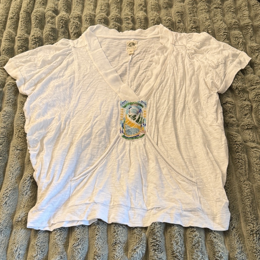 Anthropologie “Tiny” brand. White Embroidered Women's Top with pockets